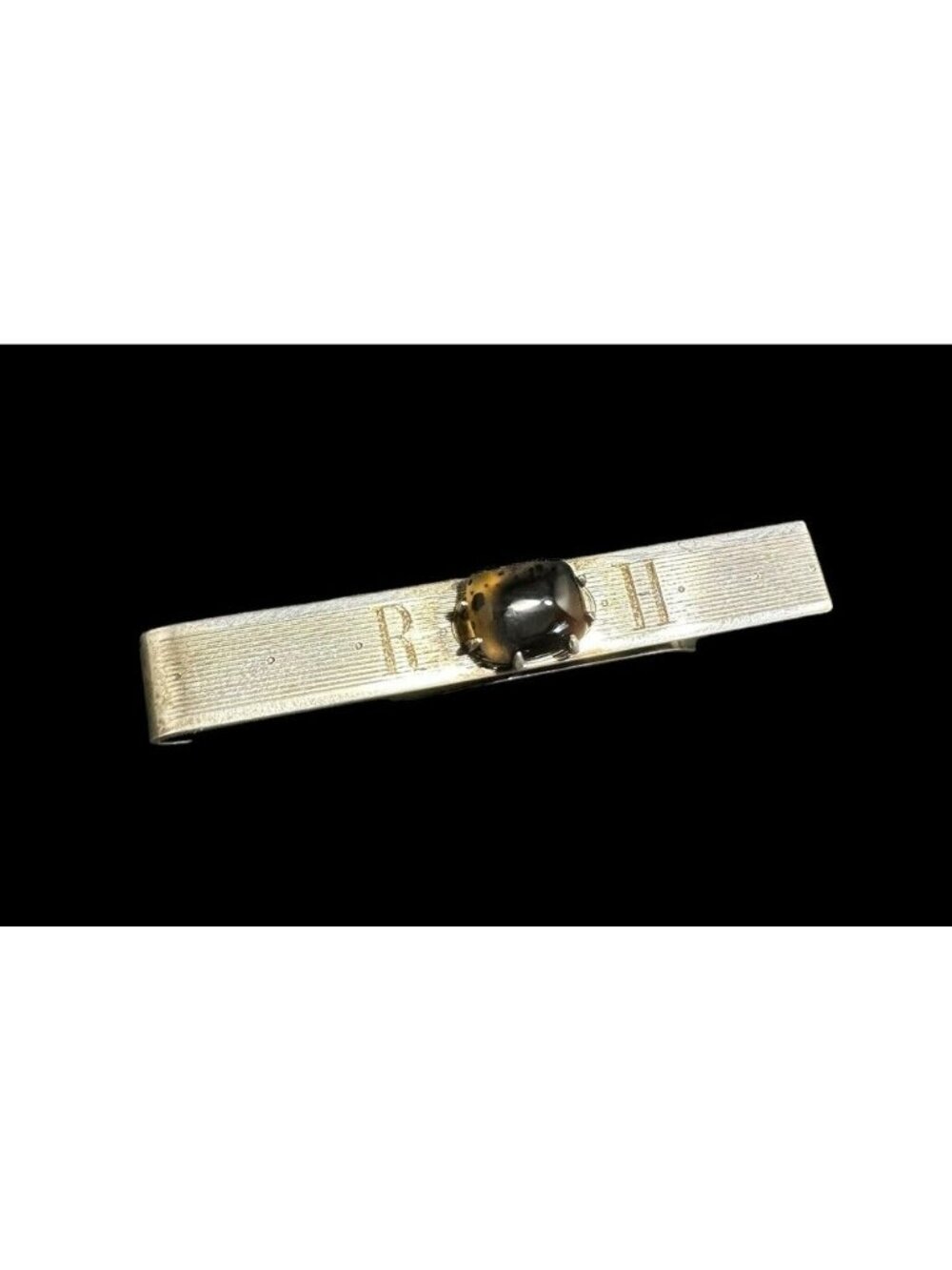 Vintage Hadley Sterling Silver Modernist MCM Tie Clip Oval Agate Cabochon Mono